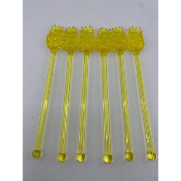 Yellow Decorative Pineapple Shaped Cocktail Drink Swizzle Sticks - Pack of 6 - Picture 5 of 6